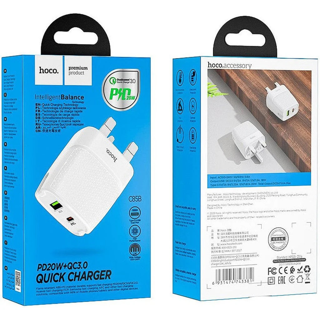 HOCO C85B Bright dual port PD20W+QC3.0 charger